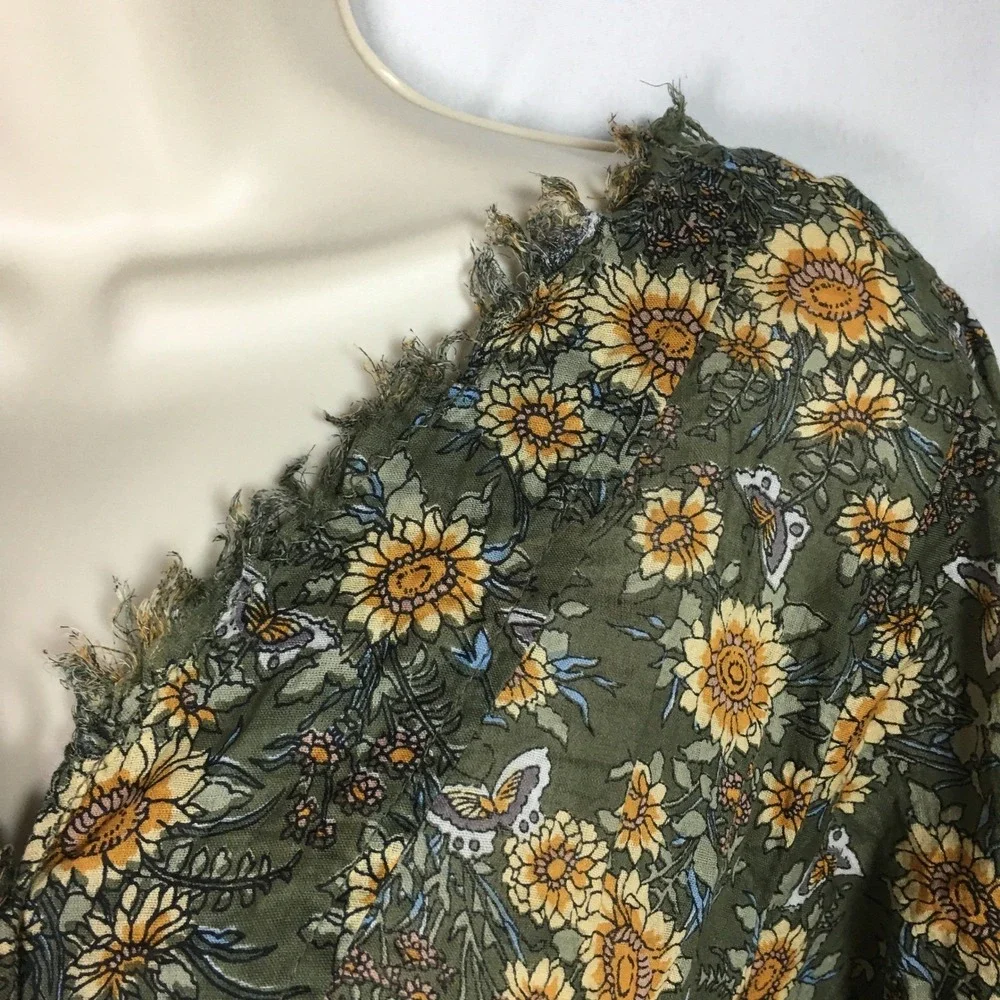 Natural Life Sunflower Butterfly Cotton Tunic Top L/XL Olive Green Boho Frayed
